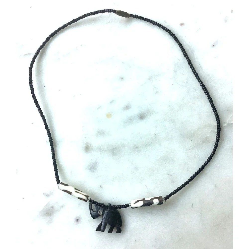 Black Rhinocerous Necklace Wood Beaded Large White Animal Print Black Beads Boho